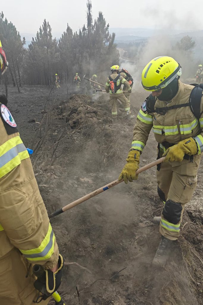 Sammutusasuisia henkilöitä raivaamassa palolinjaa mäenrinteessä.