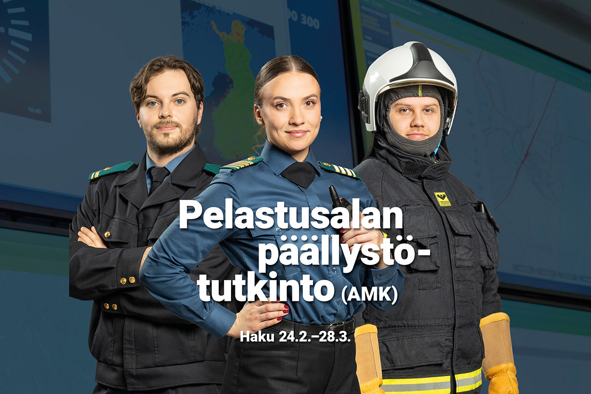 Haku pelastusalan päällystötutktintoon (AMK) 2025. Kuvassa kolme opiskelijaa.