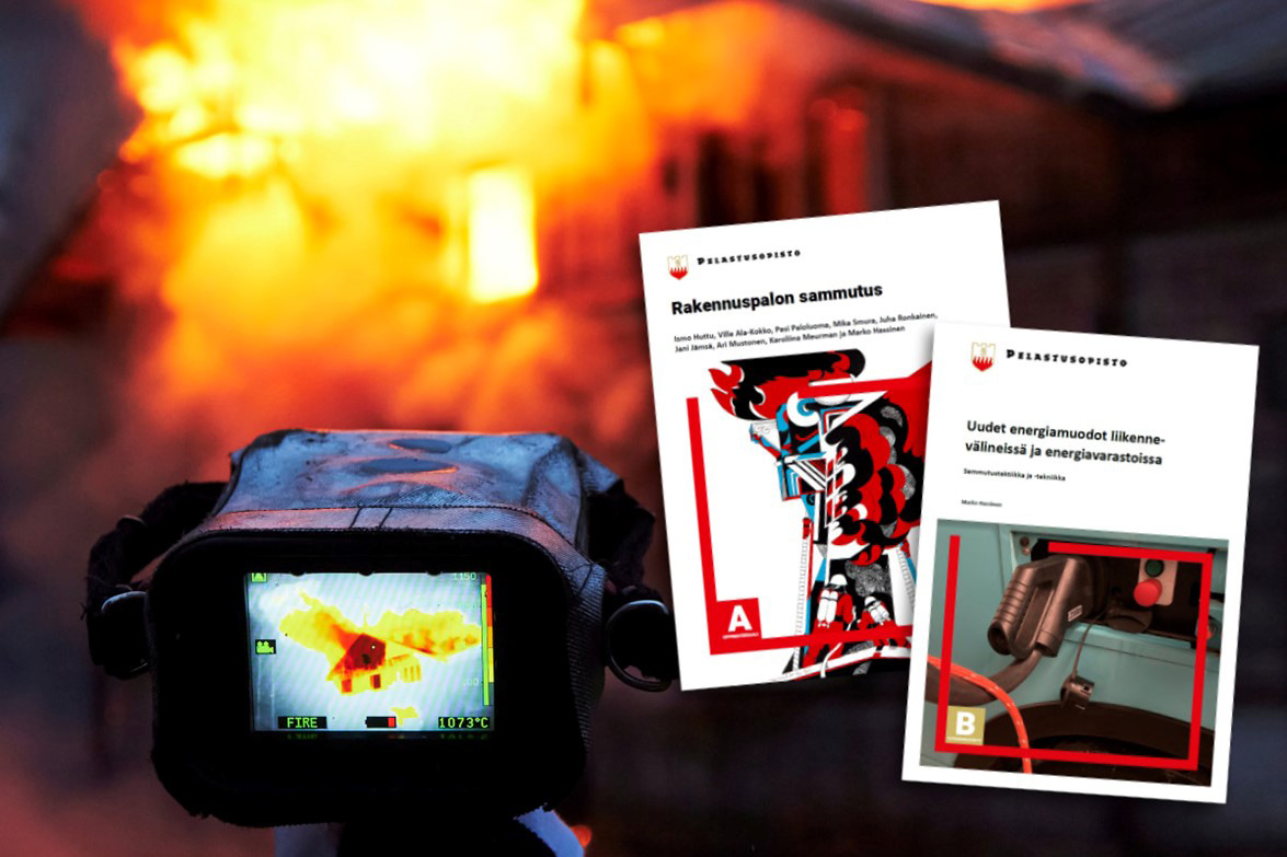 Sammutustekniikka ja -taktiikka webinaarisarjan kuvituskuva. Kuvassa lämpökameran käyttöä tulipalossa sekä aiheesta kirjoitettujen julkaisuiden kannet.