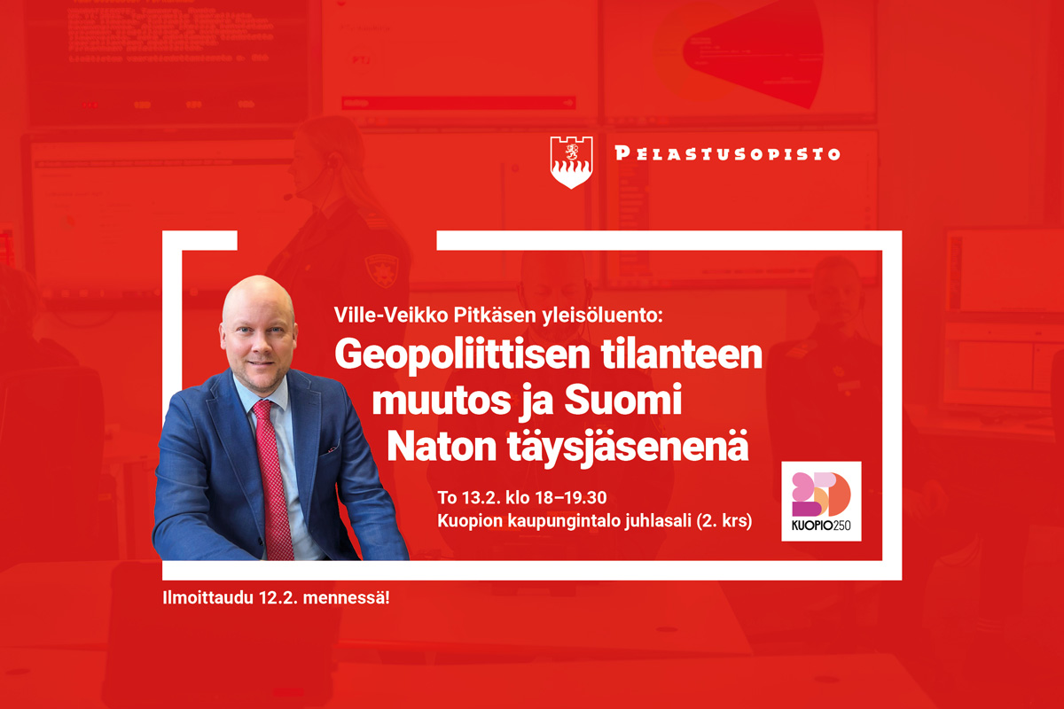 Kuvituskuva: Ville-Veikko Pitkäsen yleisöluento: Geopoliittisen tilanteen muutos ja Suomi Naton täysjäsenenä, to 13.2. klo 18-19.30, Kuopion kaupungintalo juhlasali (2. krs). Ilmoittaudu 12.2. mennessä.