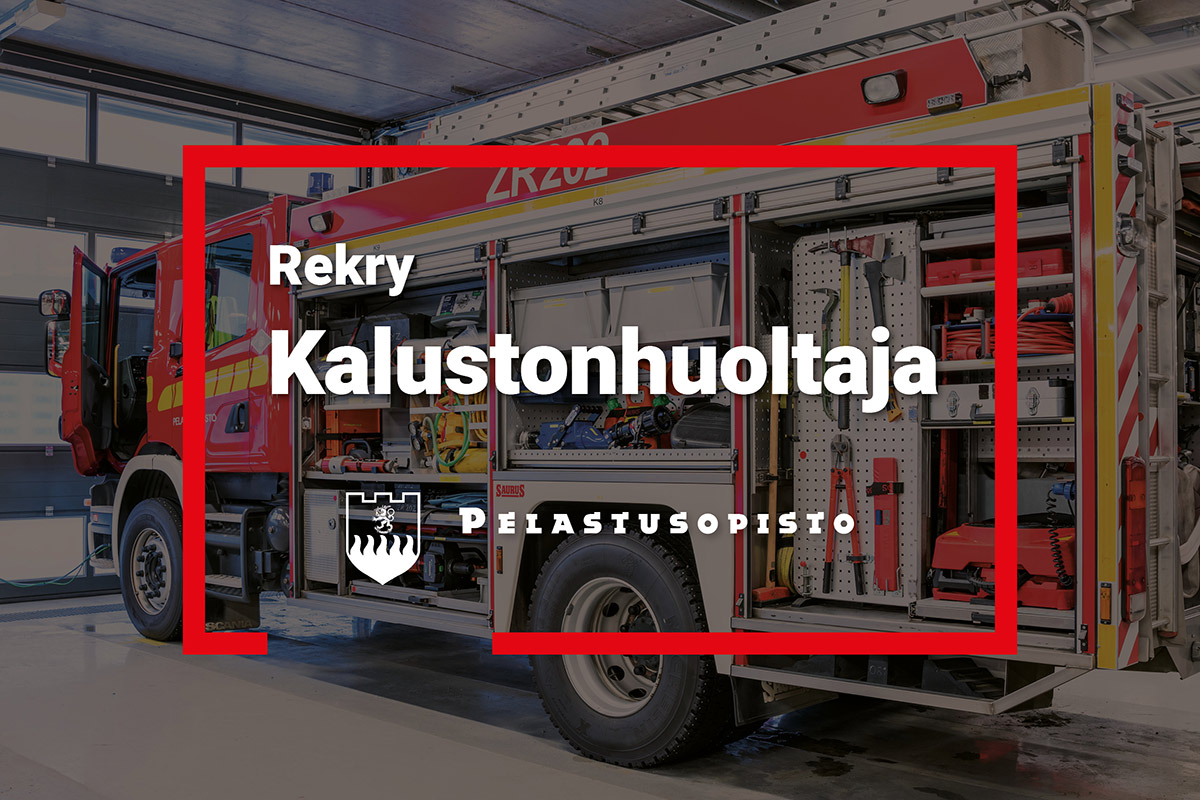 Rekry: Kalustonhuoltaja. Kuvituskuvana sammutusajoneuvo hallissa.