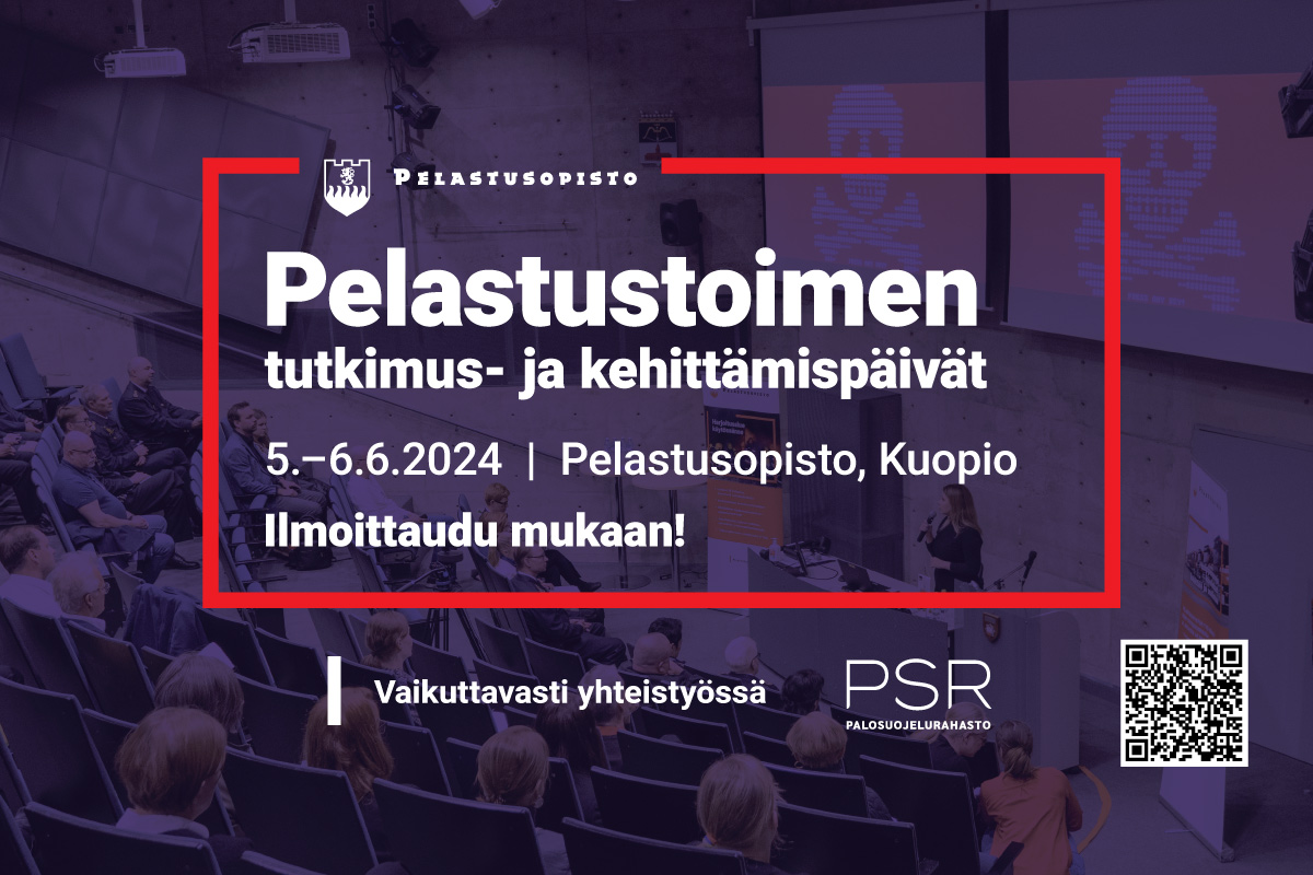 Pelastustoimen tutkimus- ja kehittämispäivät 5.-6.6.2024 Pelastusopisto, Kuopio. Ilmoittaudu mukaan! Alla slogan Vaikuttavasti yhteistyössä sekä Palosuojelurahaston logo ja QR-koodi.