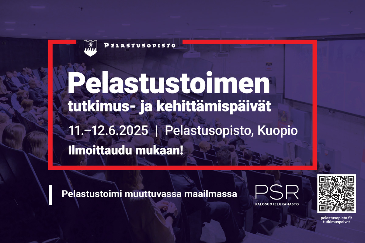 Pelastustoimen tutkimus- ja kehittämispäivät 11.-12.6.2025, Pelastusopisto, Kuopio. Ilmoittaudu mukaan! Päivien teema Pelastustoimi muuttuvassa maailmassa. Oikeassa alakulmassa Palosuojelurahaston logo ja QR-koodi tutkimuspäivien sivulle.